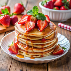 Pancake stack topped with fresh strawberries on plate