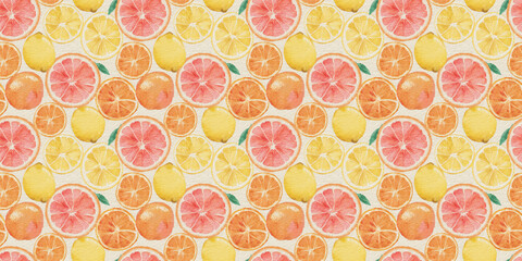 Citrus Medley: A seamless pattern of textured watercolor paper in a citrus medley, combining shades of tangy tangerine, fresh lemon yellow, and pale grapefruit pink