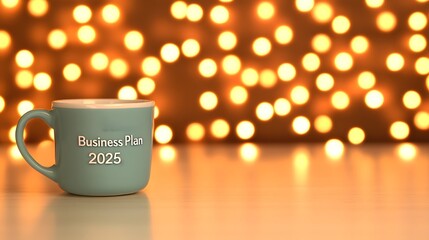 A cozy mug with "Business Path 2025" sits on a table, illuminated by soft, blurred string lights in the background.