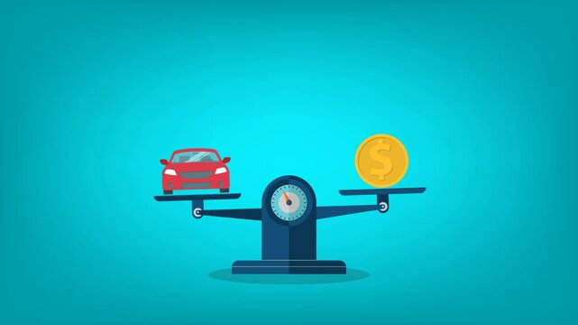 Car and coin on the scale. Vehicle value concept	