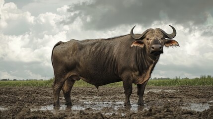 Majestic Water Buffalo in Muddy Field Under Dramatic Sky Symbolizing Strength and Resilience in Rural Life