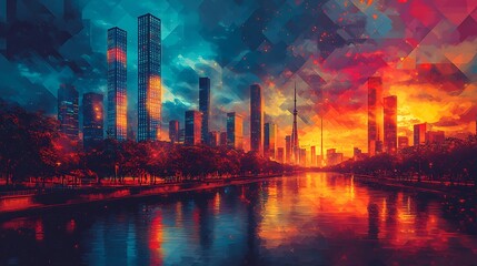 A vibrant cityscape with skyscrapers reflected in a river, with a fiery sunset in the background, rendered in a geometric style.