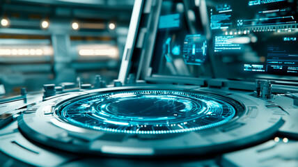 Futuristic Control Panel with Holographic Interface in Sci-Fi Environment, Symbolizing Advanced Technology, AI, and Space Exploration in Cinematic Detail