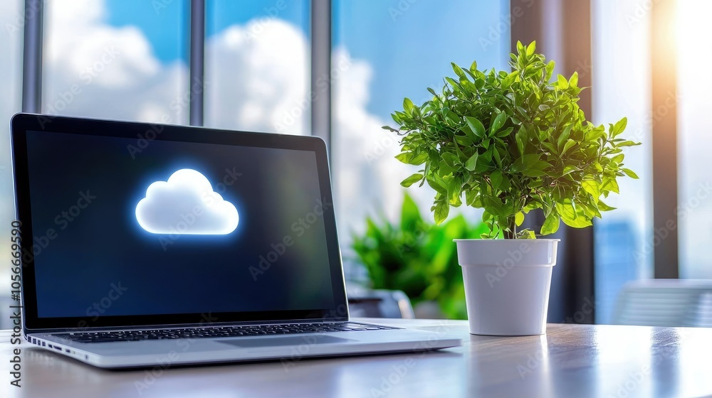 Poster A clean organized desk highlighting cloud server backup with greenery for productivity