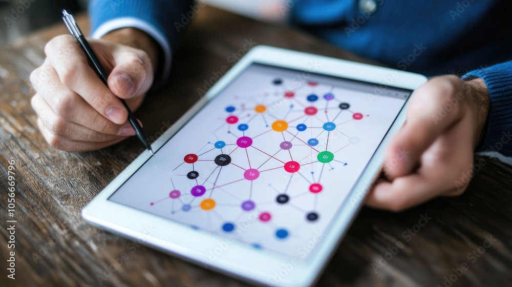 Poster Network administrator analyzing a comprehensive digital network diagram for system optimization