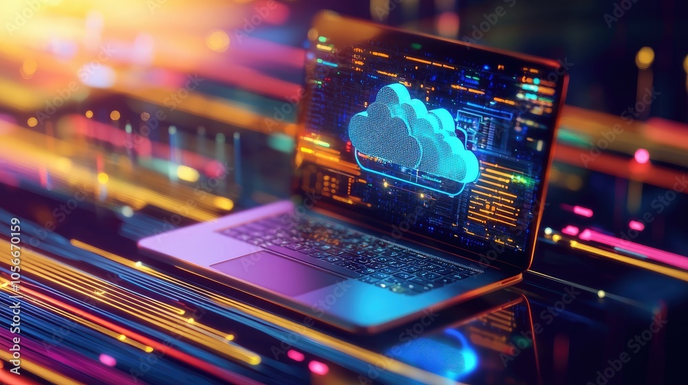 Poster Exploring cloud computing a modern digital landscape with laptops and cloud icons
