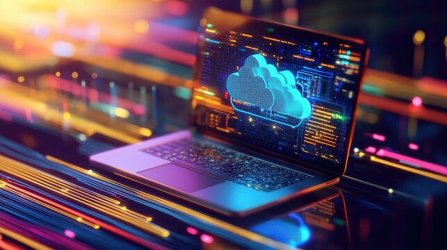 Exploring cloud computing a modern digital landscape with laptops and cloud icons