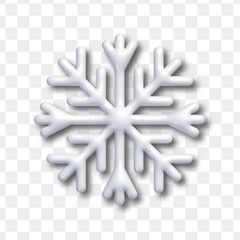 Vector 3d plastic white snowflake icon isolated on transparent background. Christmas and New Year holiday decoration