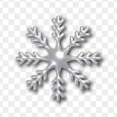 3d realistic silver snowflake. Metallic Christmas decoration isolated