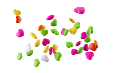 Heart Shape Rainbow colored candy Flying falling on white background 3d illustration

