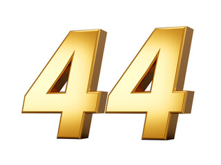 Golden metallic Number 44 Forty four, White background 3d illustration
