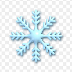 Vector 3d plastic blue snowflake icon isolated on transparent background. Christmas and New Year holiday decoration
