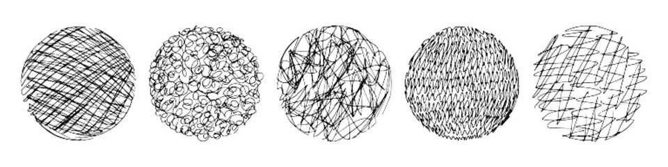 Hand drawn circles with different texture. Sketch dotted doodle round shapes set