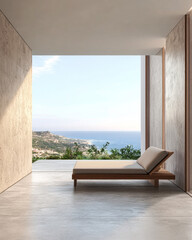 Obraz premium Minimalist lounge area with ocean view in a modern coastal residence at sunset
