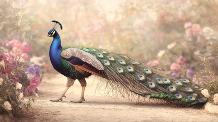 Fototapeta premium Regal Peacock Strutting Along Garden Path with Vibrant Plumage Displayed, Ultra-Detailed Portrait in Lush Floral Setting
