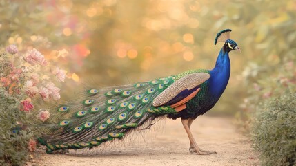 Fototapeta premium Majestic Peacock Strutting Along Garden Path with Vibrant Feathers Against Floral Backdrop - Ultra-Detailed Portrait Photo