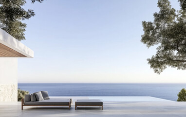 Fototapeta premium Modern outdoor terrace overlooking the ocean at sunset with a tranquil atmosphere