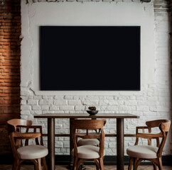 Poster frame near brick wall in cafe