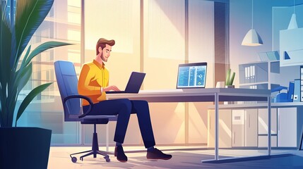 A photorealistic image designed for an Instagram advertisement featuring a modern office setting, showcasing a network engineer using a laptop in the corner of the frame.