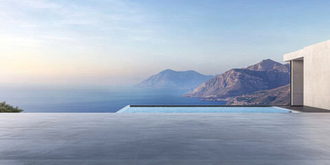 Modern villa with infinity pool overlooking the serene ocean and mountain landscape at dusk