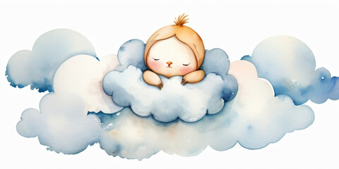 A bird sleeps peacefully on fluffy clouds in a watercolor dream.