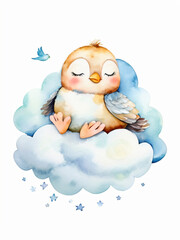 A bird sleeps peacefully on fluffy clouds in a watercolor dream.