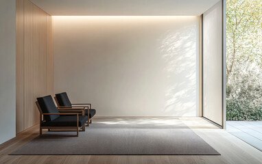 Fototapeta premium Modern minimalist interior with wooden chairs and natural light in a serene setting