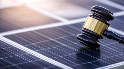 A gavel rests on solar panels, symbolizing the intersection of law and renewable energy, highlighting legal aspects of solar energy policies.