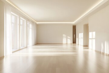 Obraz premium Bright and airy minimalist living room featuring large windows, wooden flooring, and ample natural light.