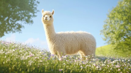 Tranquil Alpaca in Wildflower Field - Rural Life Portrait with Ultra-Detailed Fluffy Fur and Inquisitive Expression