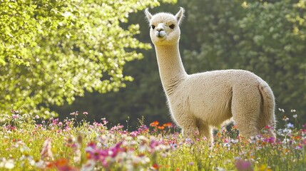 Fototapeta premium Majestic Alpaca in Wildflower Field - Capturing the Essence of Rural Beauty
