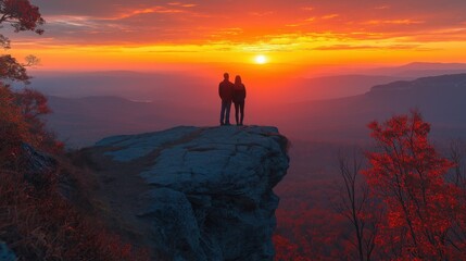 Fototapeta premium As the golden sun rises over the mountaintop, a couple stands close together, silhouetted against the breathtaking sky. Their strong posture reflects love and support through life's journey.