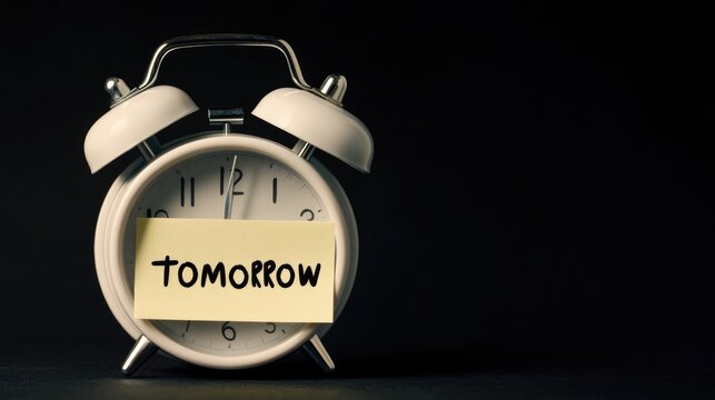 Concept of procrastination and delay illustrated by a sticky note labeled tomorrow placed on a white alarm clock against a black background emphasizing the notion of urgency