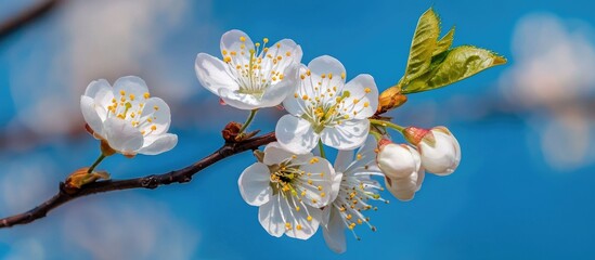 Japanese Cherry Blossom Branch In Spring Blue Sky Background Closeup View