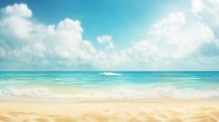 Obraz premium Blurred defocused background depicting a serene beach scene with golden sand turquoise waters and a vibrant blue sky dotted with white clouds perfect for summer getaway themes