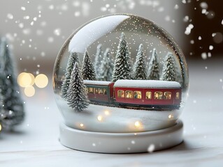 Snow globe with train passing through snowy forest, tiny lights on trees, snowfall, nostalgic holiday feel