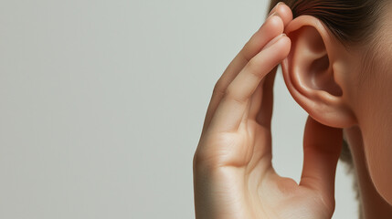 A close-up of a hand cupped around an ear, conveying attentive listening or focus on communication, showing curiosity or understanding.