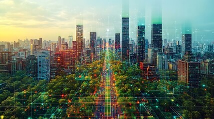 Obraz premium Aerial view of a city skyline with a digital network overlay.