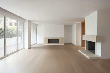 Obraz premium Spacious modern living room with large windows and elegant fireplace in a minimalist design