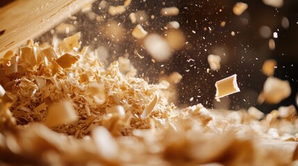 Wood shavings dispersing in the air during a woodworking process featuring a detailed close up Represents carpentry and handmade craftsmanship