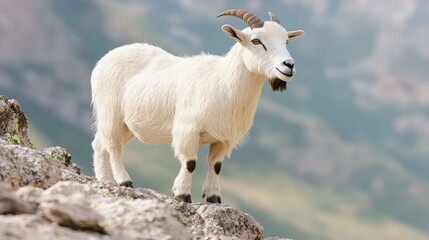 Fototapeta premium Majestic Goat on Rocky Ledge with Mountain Backdrop - Whimsical Portrait of Curious and Adventurous Animal, Ultra-Detailed Nature Scene