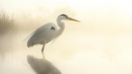 Majestic Heron in Misty Marsh - Tranquil Wildlife Portrait with Soft Reflections and Morning Glow