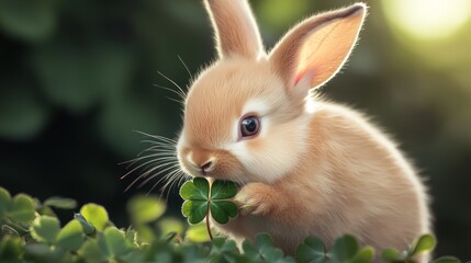 Obraz premium Enchanting Springtime Portrait of Baby Rabbit Nibbling on Clover with Expressive Eyes | Ultra-Detailed Close-Up Photography