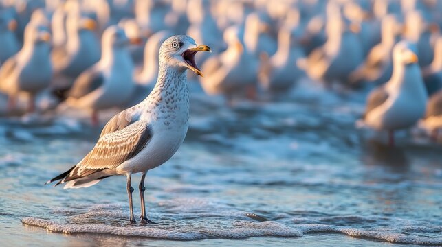 Seagull perched on the shore among a flock with its beak wide open calling attention to its presence