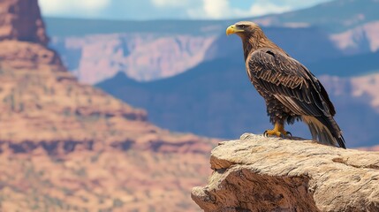 Fototapeta premium Majestic Eagle Perched on Cliff with Panoramic Landscape - Symbol of Freedom and Nature's Power