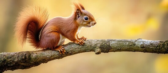 Fototapeta premium Red Squirrel Sciurus Vulgaris Sitting On Tree Branch