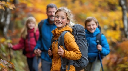 Fototapeta premium Families going on hikes or taking nature walks, surrounded by fall foliage