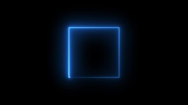 Glowing neon square frame animation. luminous banner animation. blue color neon box icon. Neon Figure On Black Background. 