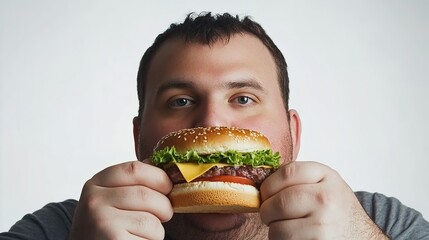 A humorous depiction of a fat man joyfully eating a burger against a clean white background, capturing the essence of indulgence and satisfaction. This image showcases the man with a big smile,