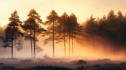 Fototapeta premium Misty trees in a tranquil forest at sunrise Landscape photography